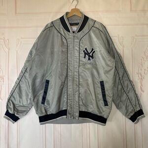 VTG NY Yankees G-III Sports By Carl Banks Satin Bomber Jacket Silver Sz XL *READ